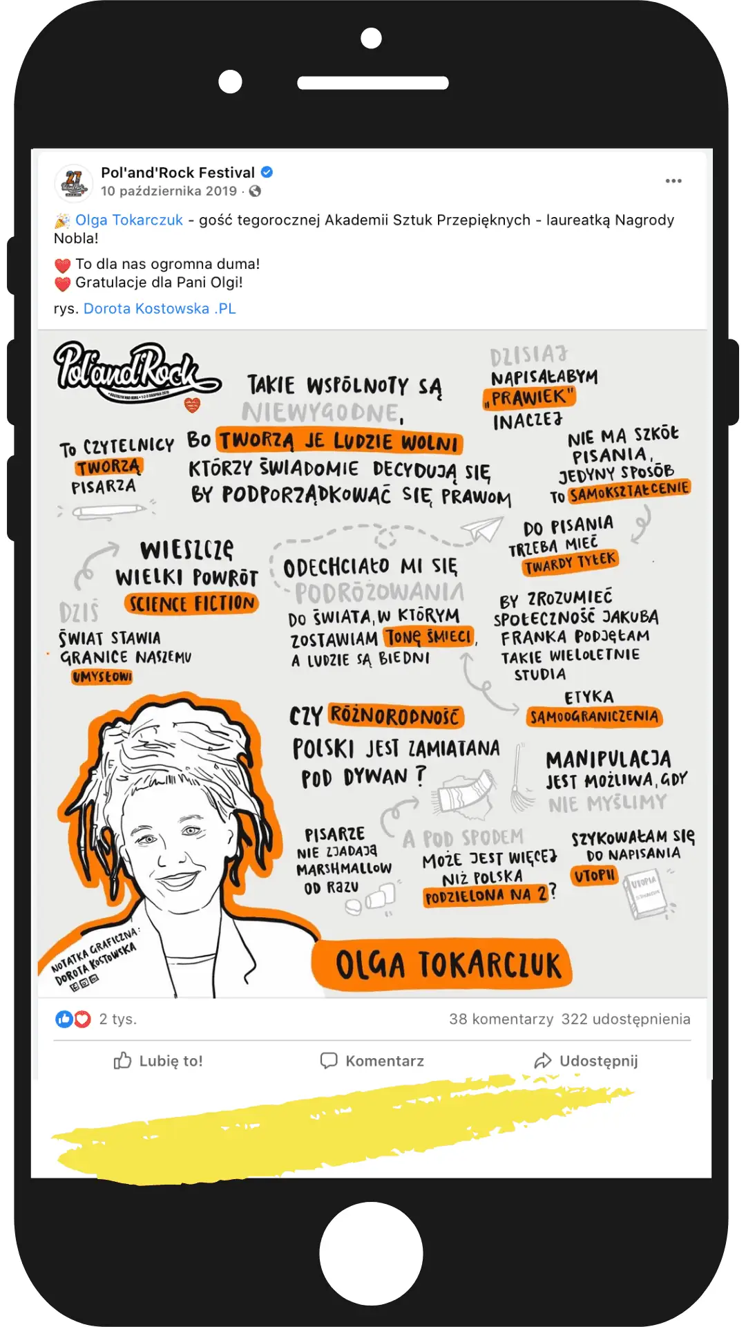 Notatka graficzna z portretem Olgi Tokarczuk z jej wystąpienia na festiwalu Polandrock jako post w social media