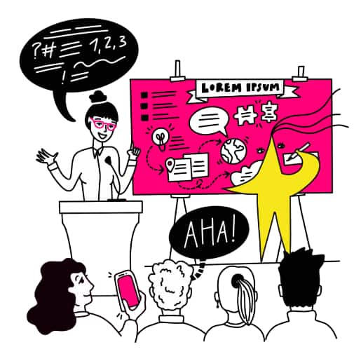 Ilustracja jak wygląda graphic recording na konferencji, prelegentka mówi do publiczności, a ryślicielka stoi przy sztaludze i tworzy notatkę wizualną do wystąpienia