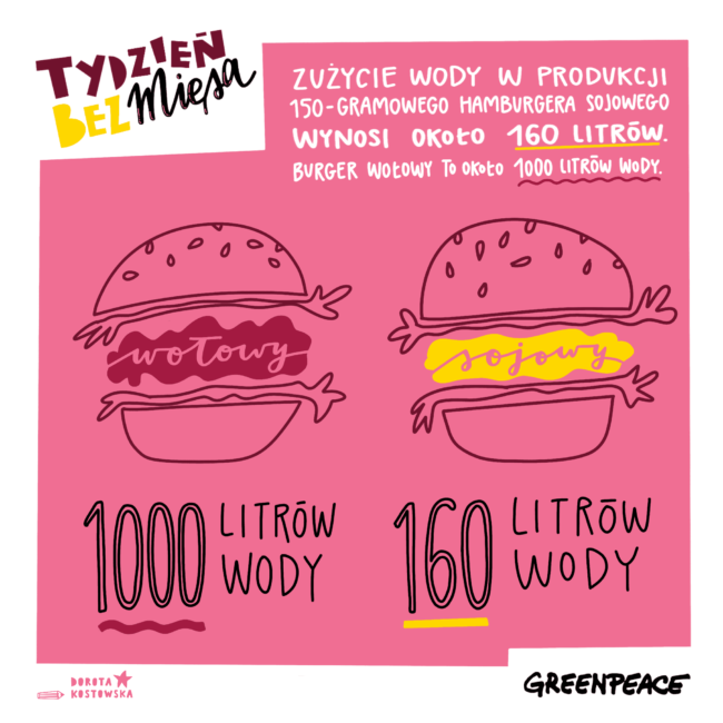 Burger wołowy w produkcji to zużycie ok. 1000 litrów wody, burger sojowy to 160 litrów wody, kampania Greenpeace Polska
